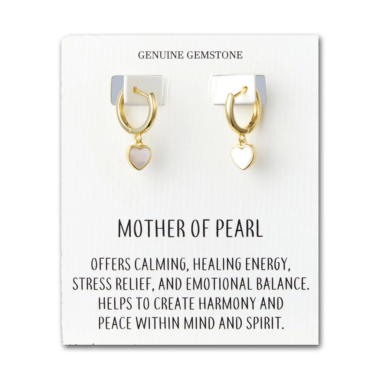 18k Gold Plated Mother of Pearl Gemstone Heart Charm Hoop Earrings with Quote Card: the shop's own photo