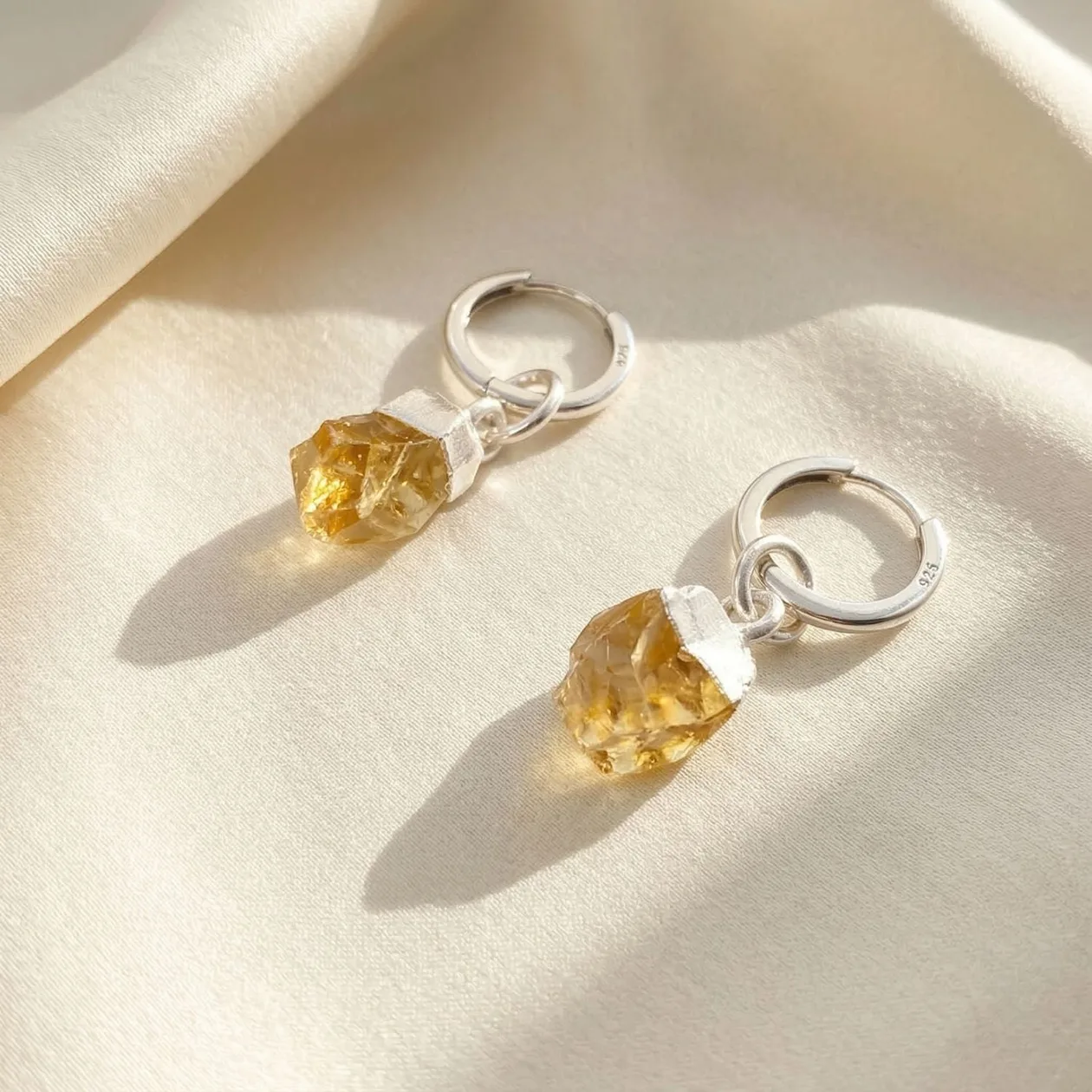 Raw Citrine November Birthstone Silver Huggies: the shop's own photo