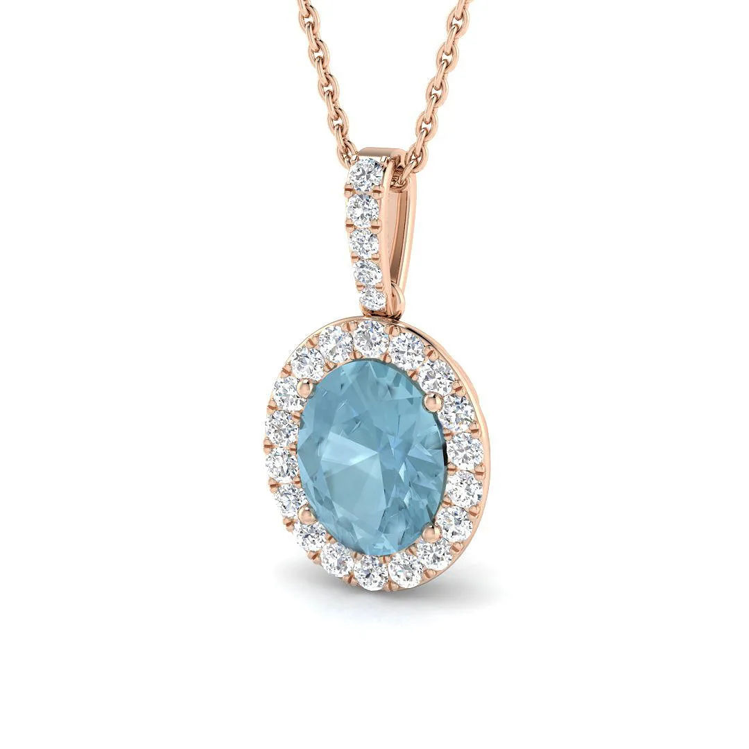 Oval Aquamarine Diamond Halo Pendant | Luxury Gemstone Jewellery - 18k Rose Gold / 2.50 Carat / Natural Diamond(F/SI): the shop's own photo