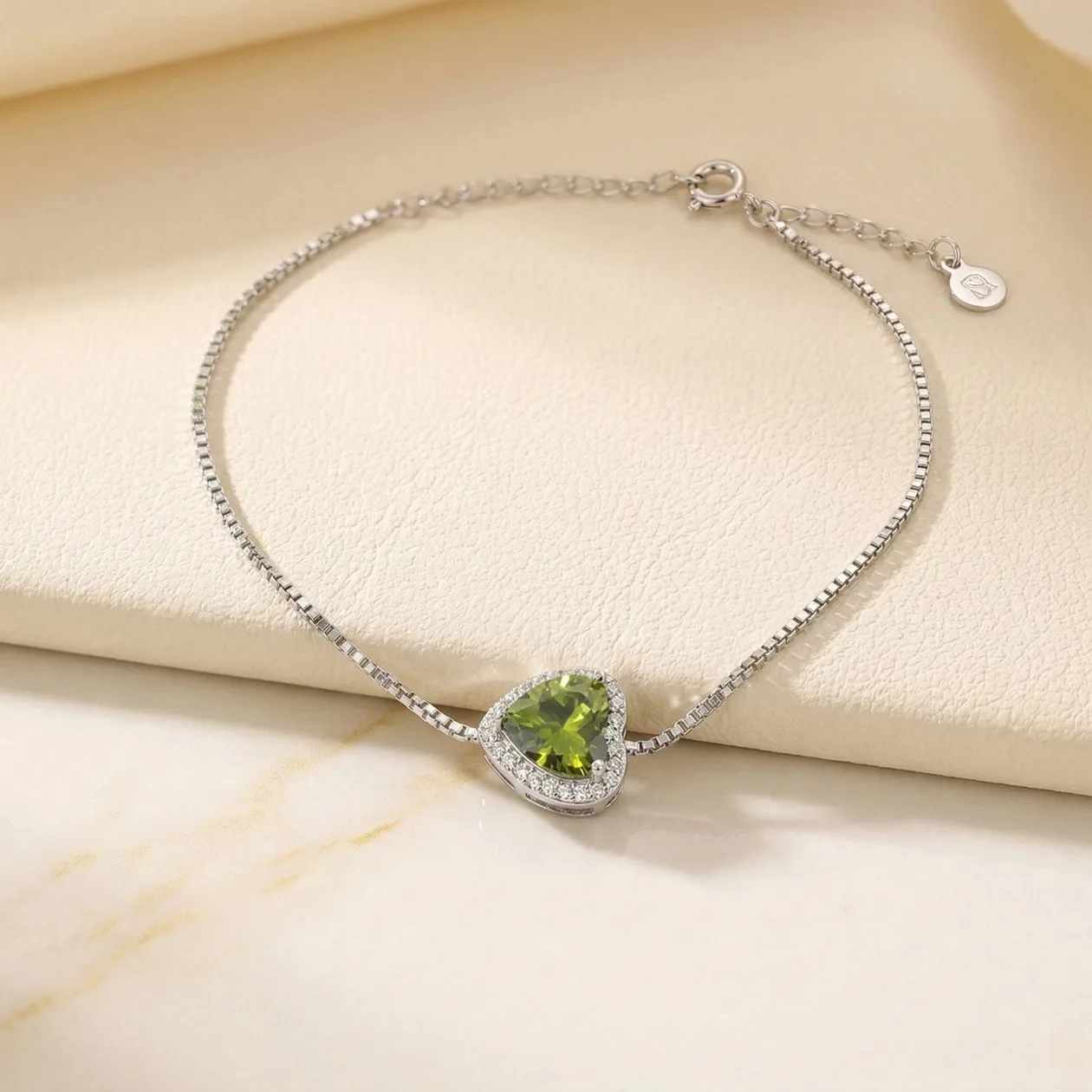 Peridot August Birthstone Love Heart Charm Sterling Silver Bracelet: the shop's own photo