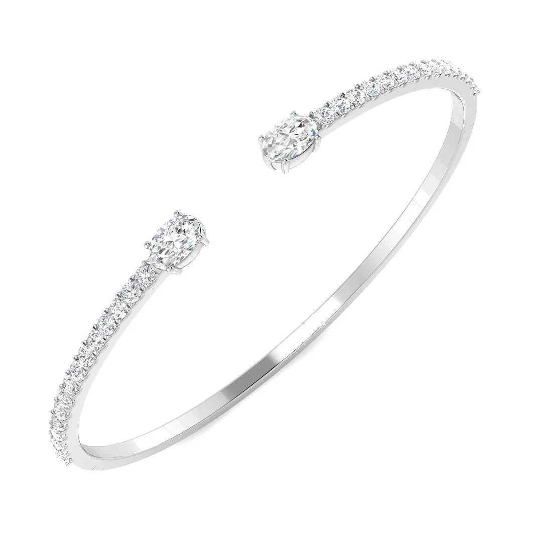 18K Yellow Gold Natural Round Pave Open Cuff Diamond Bangle with Oval Solitaire Ends - 9k White Gold / 1.70 Carat / Lab Grown Diamond: the shop's own photo