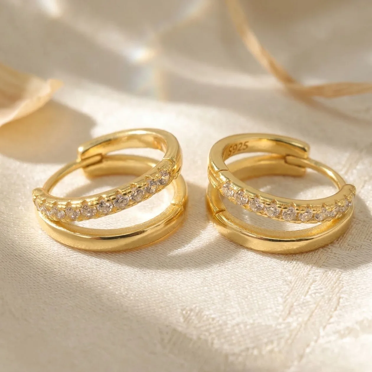 Diamond April Birthstone Double Hoop Small Huggie Gold Plated Earrings: the shop's own photo