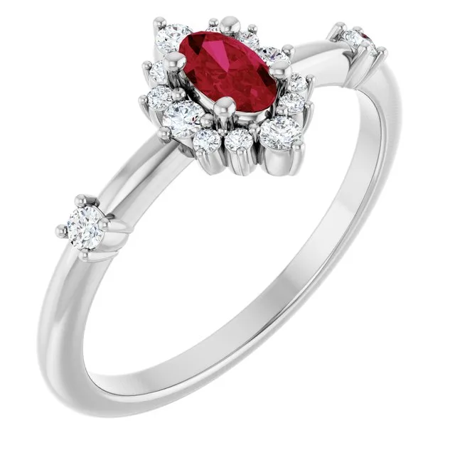 Oval Lab-Grown Ruby Halo Ring with Diamond Accents in White Gold - 18k Yellow Gold / 1.70 Carat / Natural-AA: the shop's own photo