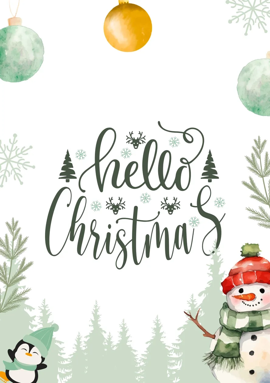 Hello Christmas Watercolour Snowman and Penguin Card: the shop's own photo