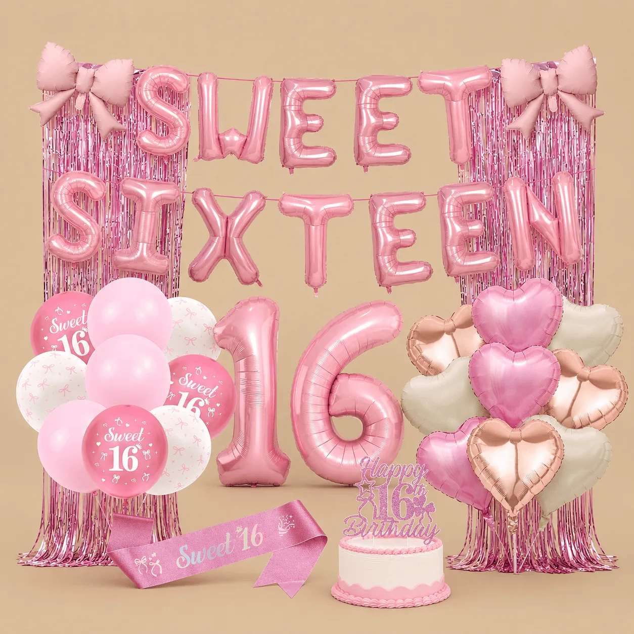 16th Birthday "Sweet 16" Pink Bow Balloon Set: the shop's own photo