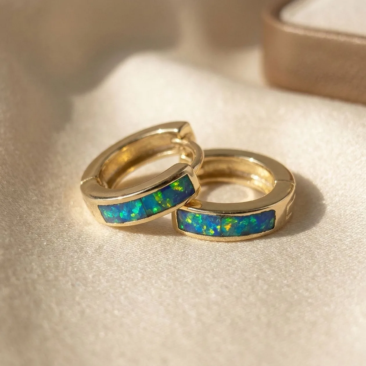 Dainty Blue Fire Opal Inlay Gold Plated Huggie Earrings: the shop's own photo