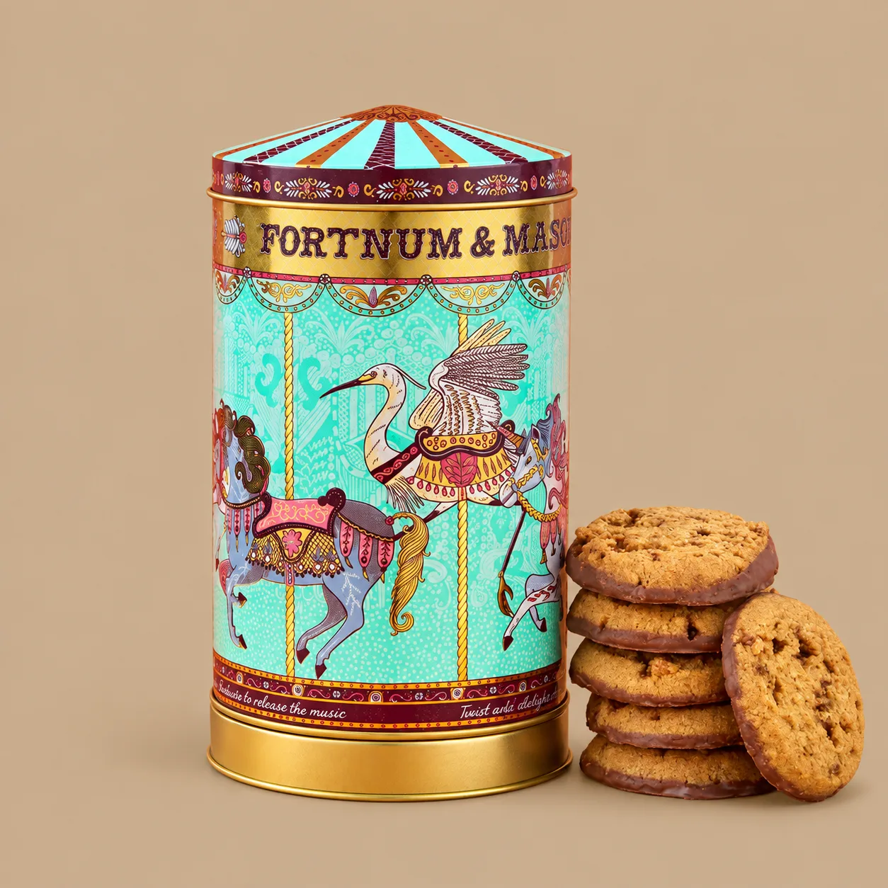 Fortnum & Mason Mini Merry Go Round Musical Biscuit Tin 150g: the shop's own photo