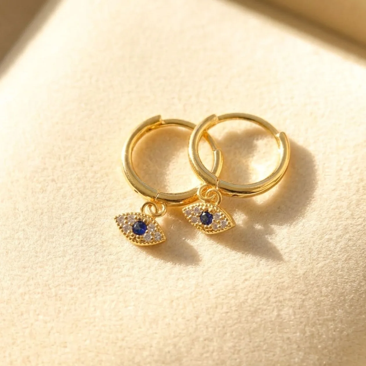 Minimalist Small Evil Eye Charm Dainty Hoop Gold Plated Earrings: the shop's own photo