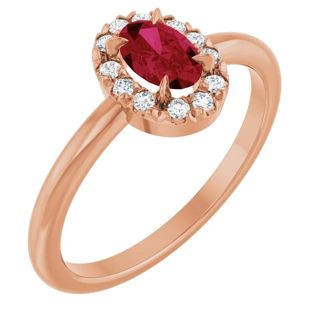 Oval Ruby Halo Ring with Diamond Accents in Gold and Platinum - 18k Yellow Gold / 1.90 Carat / Lab-Grown-AAA: the shop's own photo