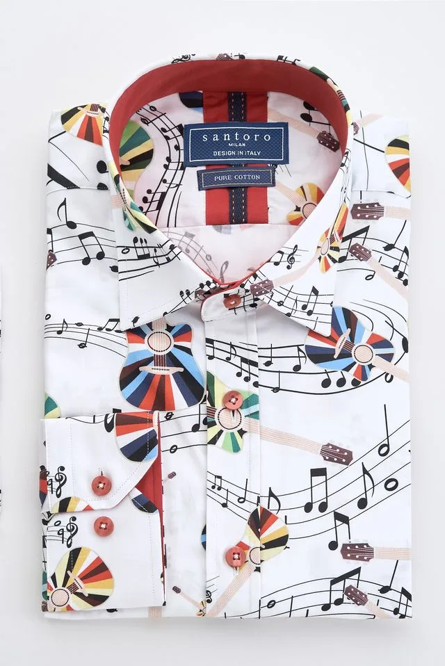 White Musical Notes & Guitar Print Shirt: the shop's own photo