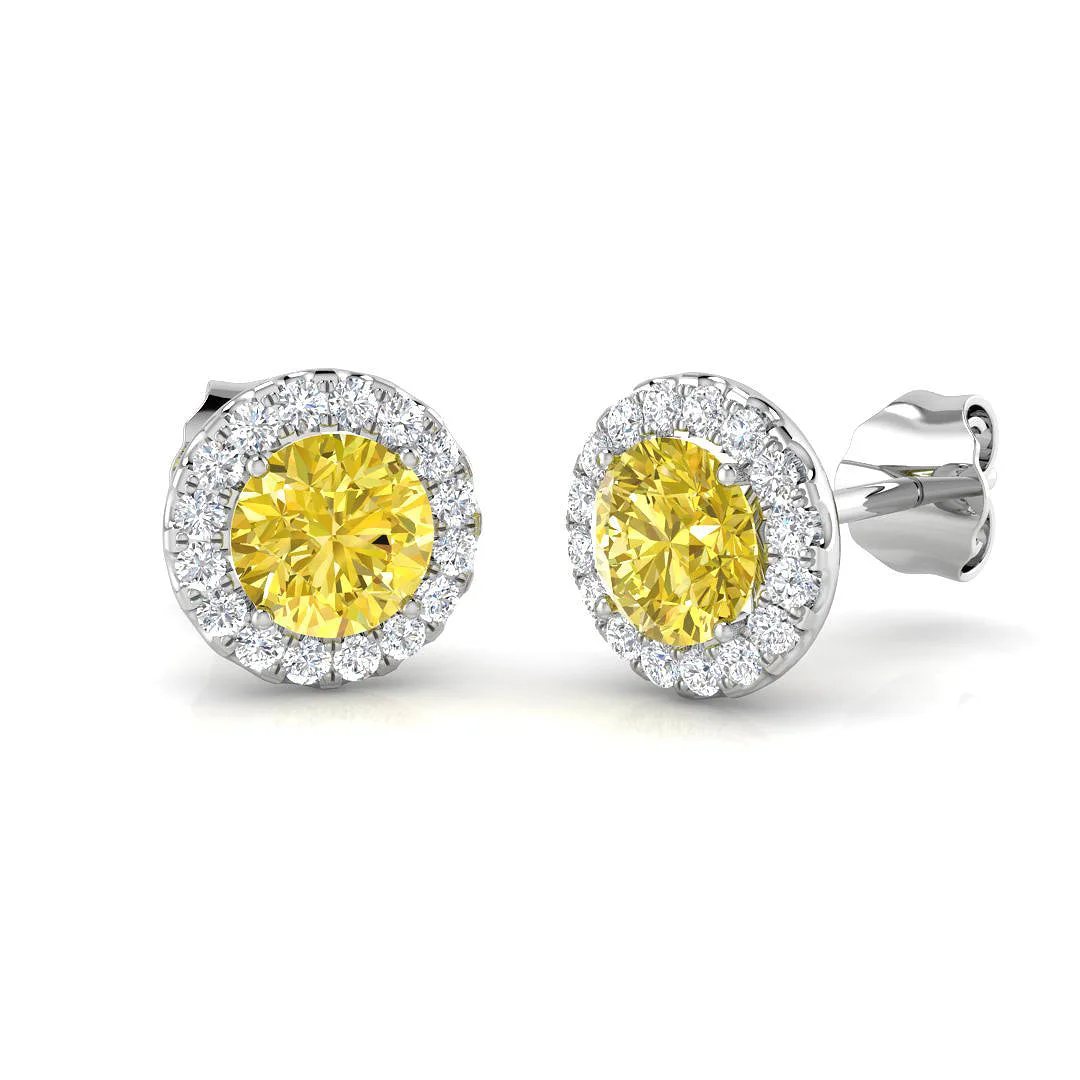Halo Stud Earrings - 0.50 Carat Elegant Pudgy Yellow Multi Sapphire - 1 Carat / Lab Grown Diamond(D-VVS) / 18k White Gold: the shop's own photo
