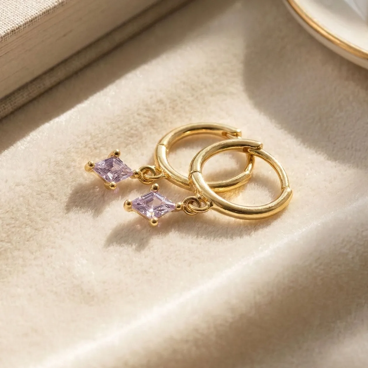 Alexandrite June Birthstone Delicate Gold Plated Dangle Hoops: the shop's own photo