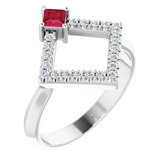 Square Ruby Accented Ring with Diamond Accents in Platinum - 18k Yellow Gold / 4.00 Carat / Lab-Grown-AAA: the shop's own photo