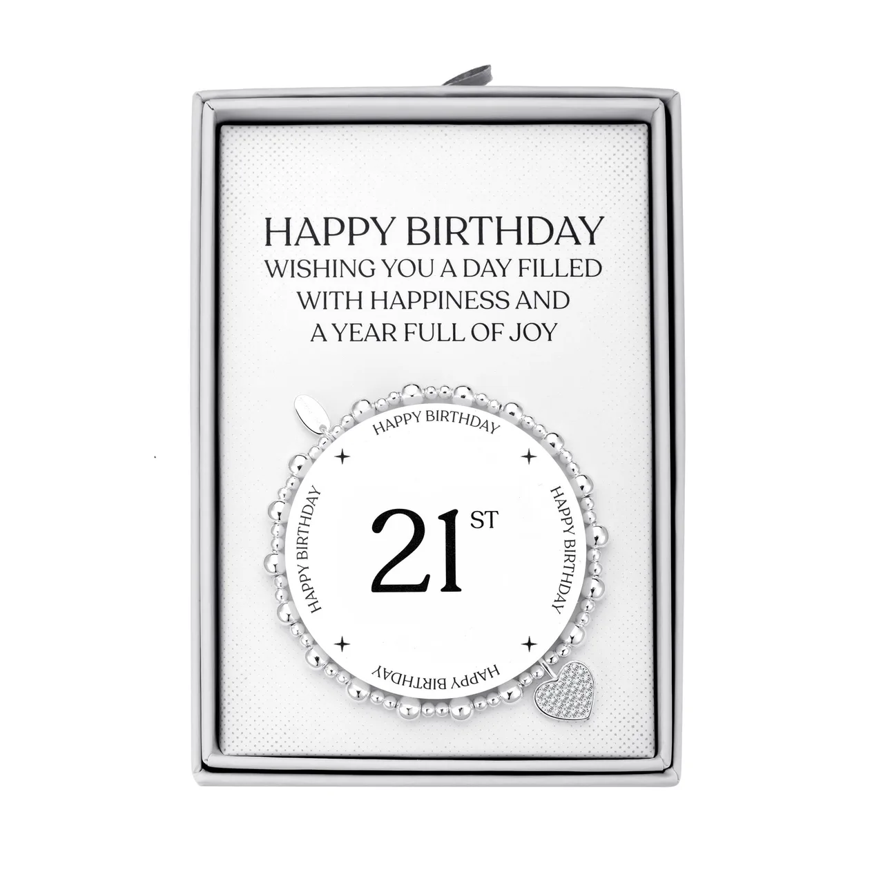 21st Birthday Heart Charm Stretch Bracelet with Quote Gift Box: the shop's own photo