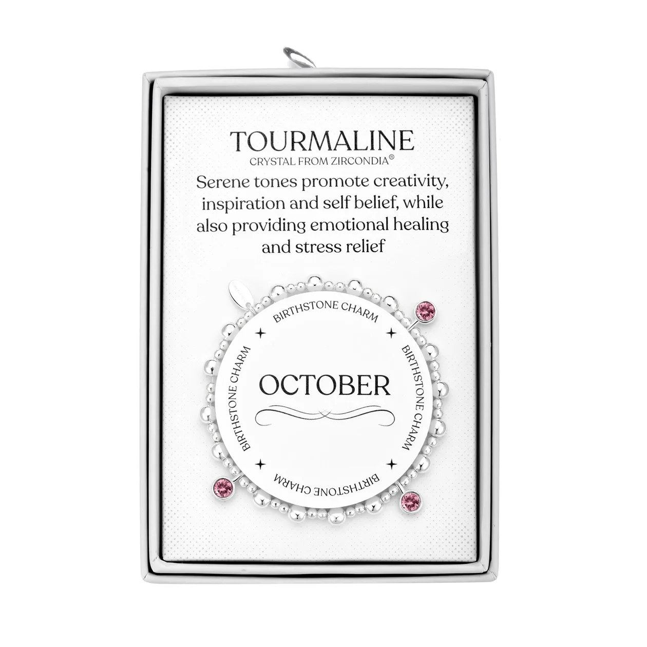 October (Tourmaline) Birthstone Stretch Charm Bracelet with Quote Gift Box: the shop's own photo