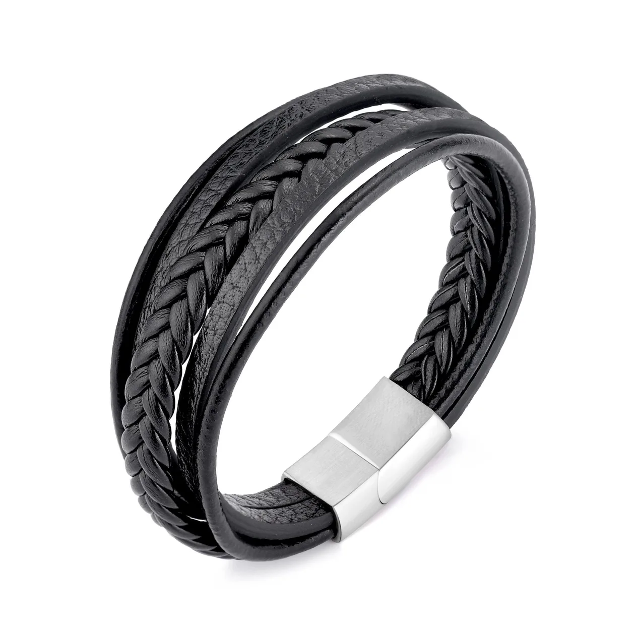 Men's Genuine Black Leather Bracelet with Stainless Steel Clasp: the shop's own photo