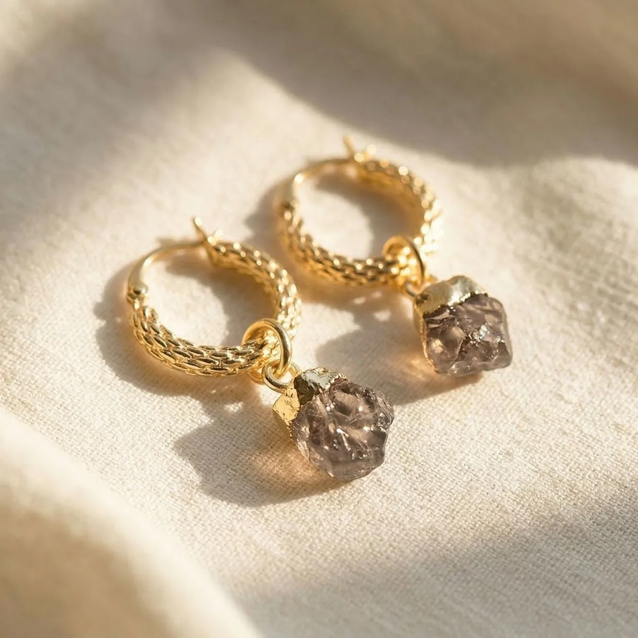 Raw Herkimer Diamond Quartz April Birthstone Huggie Hoops Gold Plated Gemstone Earrings: the shop's own photo