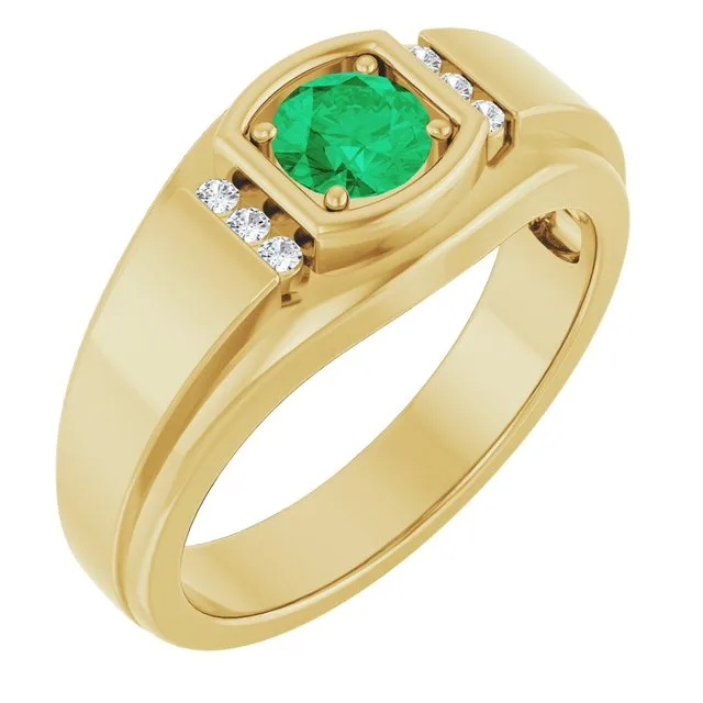 Round Emerald Mens Ring with Diamond Accents in Gold and Platinum - 18k Yellow Gold / 7.30 Carat / Lab-Grown-AAA: the shop's own photo