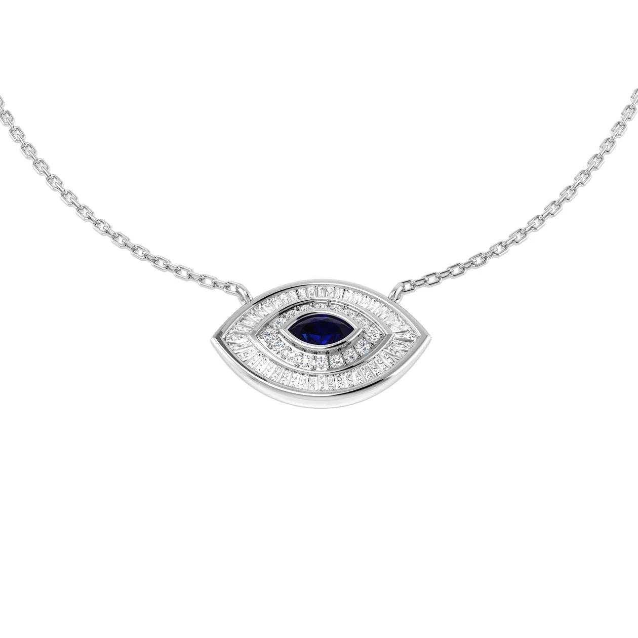 Marquise Blue Sapphire Evil Eye Diamond Necklace | Baguette Halo Pendant - 18k White Gold / 0.50 Carat / Natural Diamond(F/SI): the shop's own photo