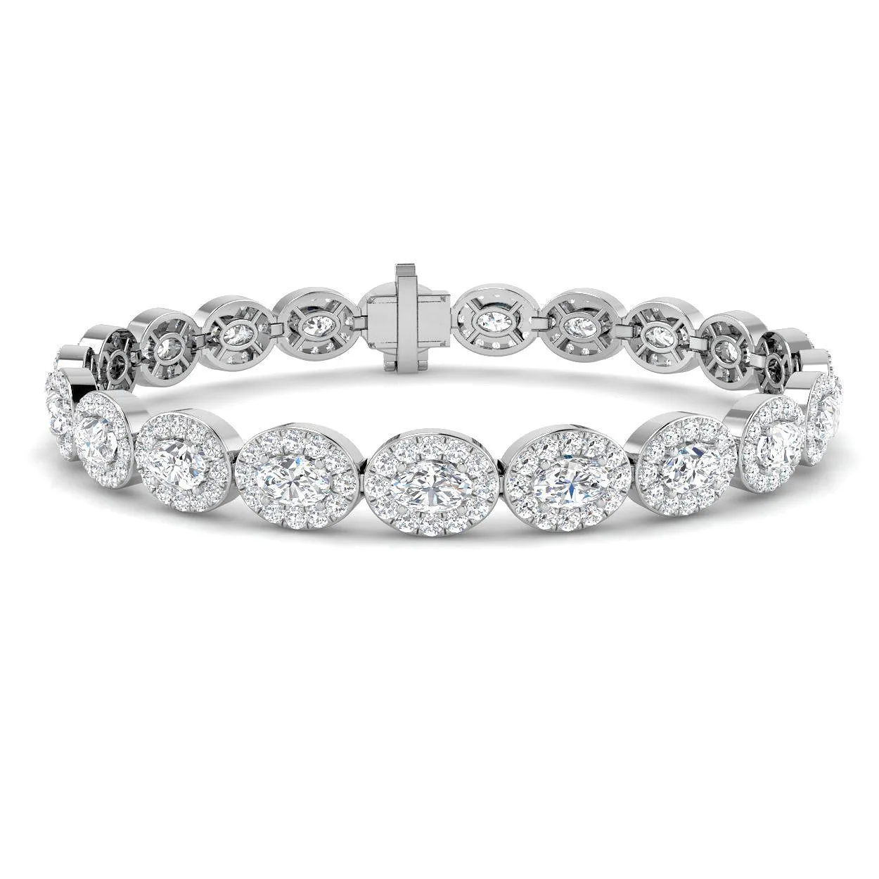 9K Yellow Gold Natural Diamond Oval Halo Tennis Bracelet with Box Clasp and Safety Latch - 18k White Gold / 9.80 Carat / Natural Diamond: the shop's own photo
