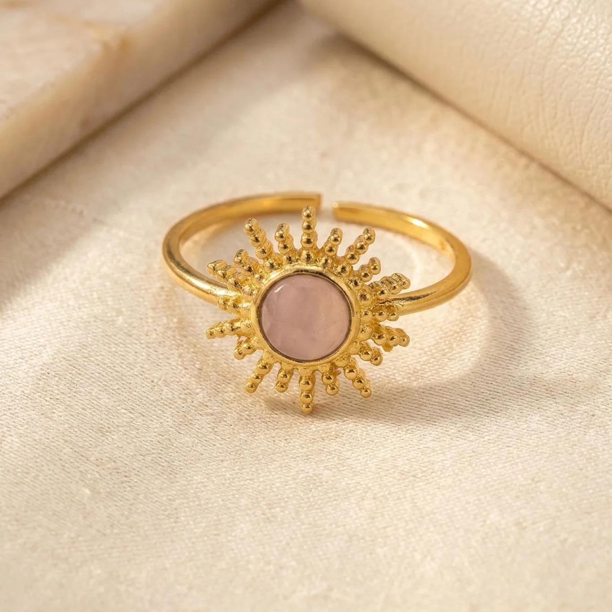 Rose Quartz October Birthstone Sun Gold Plated Ring: the shop's own photo