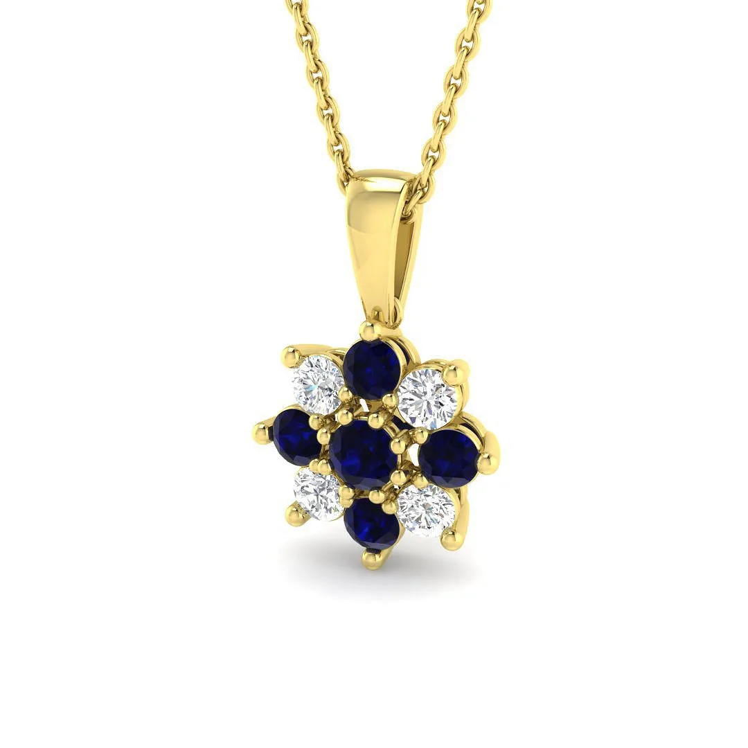 Blue Sapphire Pendant Necklace with Diamond Cluster Design - UK Made - 9k Yellow Gold / 0.75 Carat / Natural Diamond(F/SI): the shop's own photo