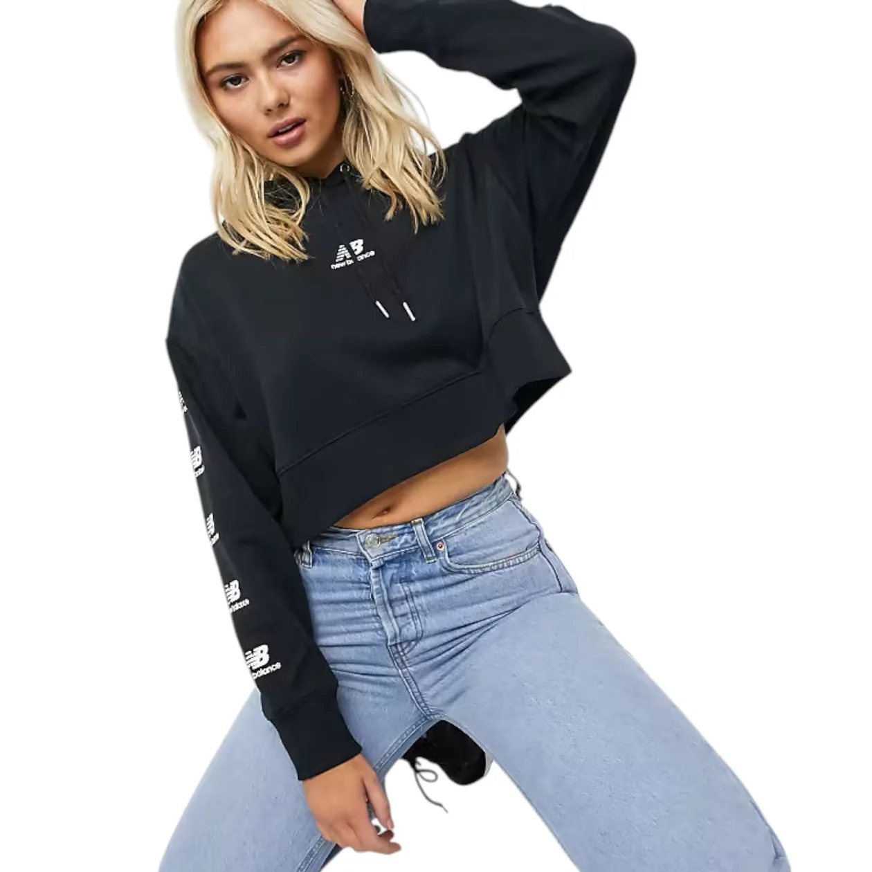 New Balance Womens Stacked Logo Cropped Hoodie - Black | Size: XS: the shop's own photo