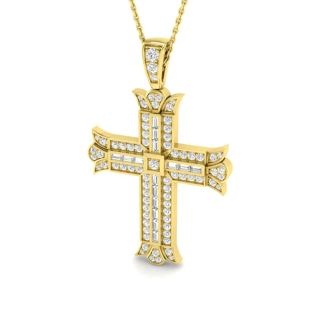 Art Deco Diamond Cross Pendant Necklace | Baguette & Round Cut Diamonds - 1.00 Carat / 18k Yellow Gold / Lab DF/VVS: the shop's own photo
