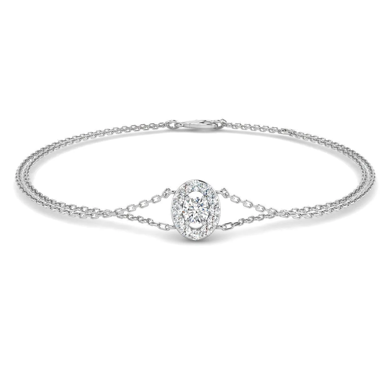 18K White Gold Lab Diamond Oval Style Halo Double Chain Bracelet Prong Pave Set - 9k Yellow Gold / Lab Grown Diamond / 0.30 Carat: the shop's own photo