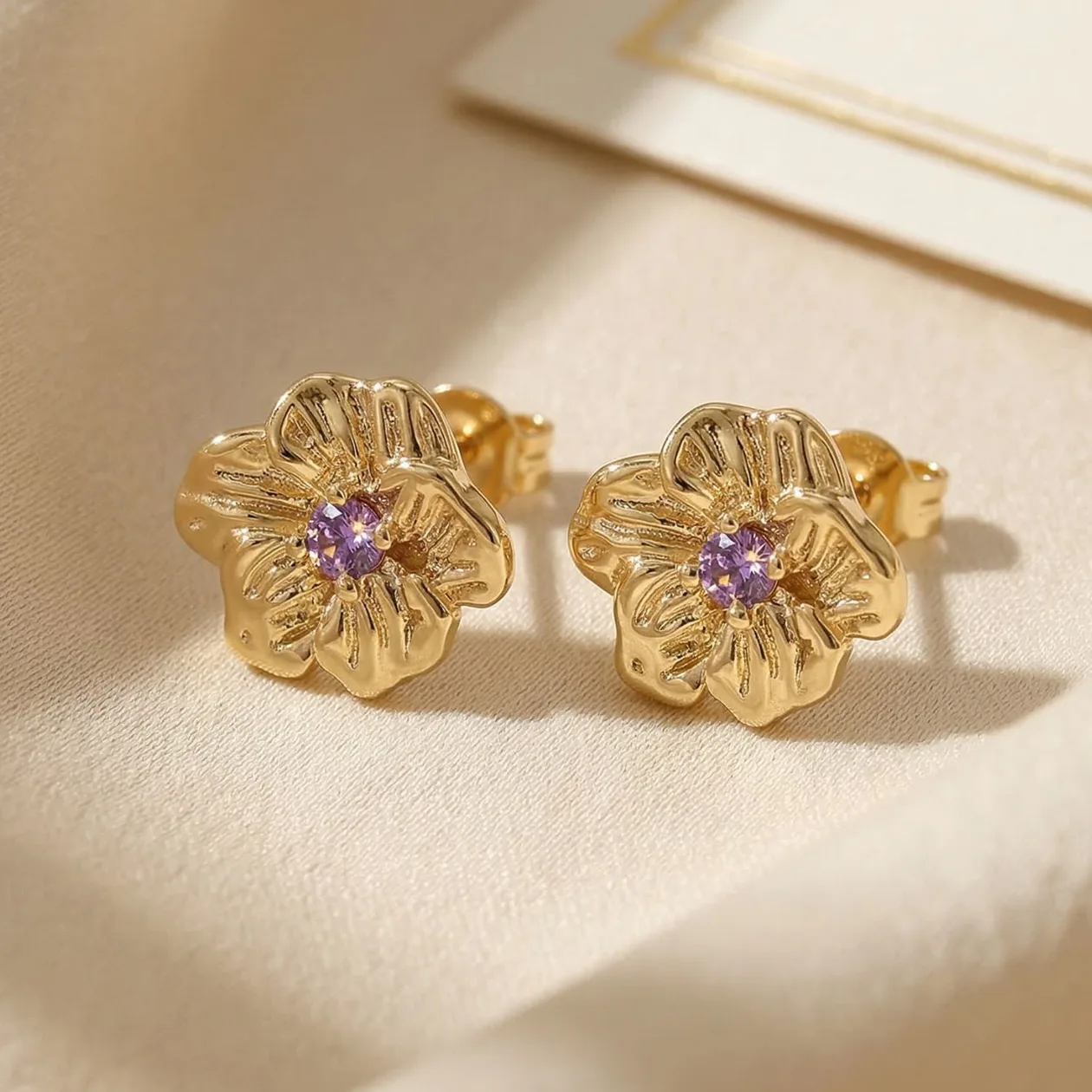 Amethyst February Birthstone Violet Birthflower Gold Plated Stud Earrings: the shop's own photo