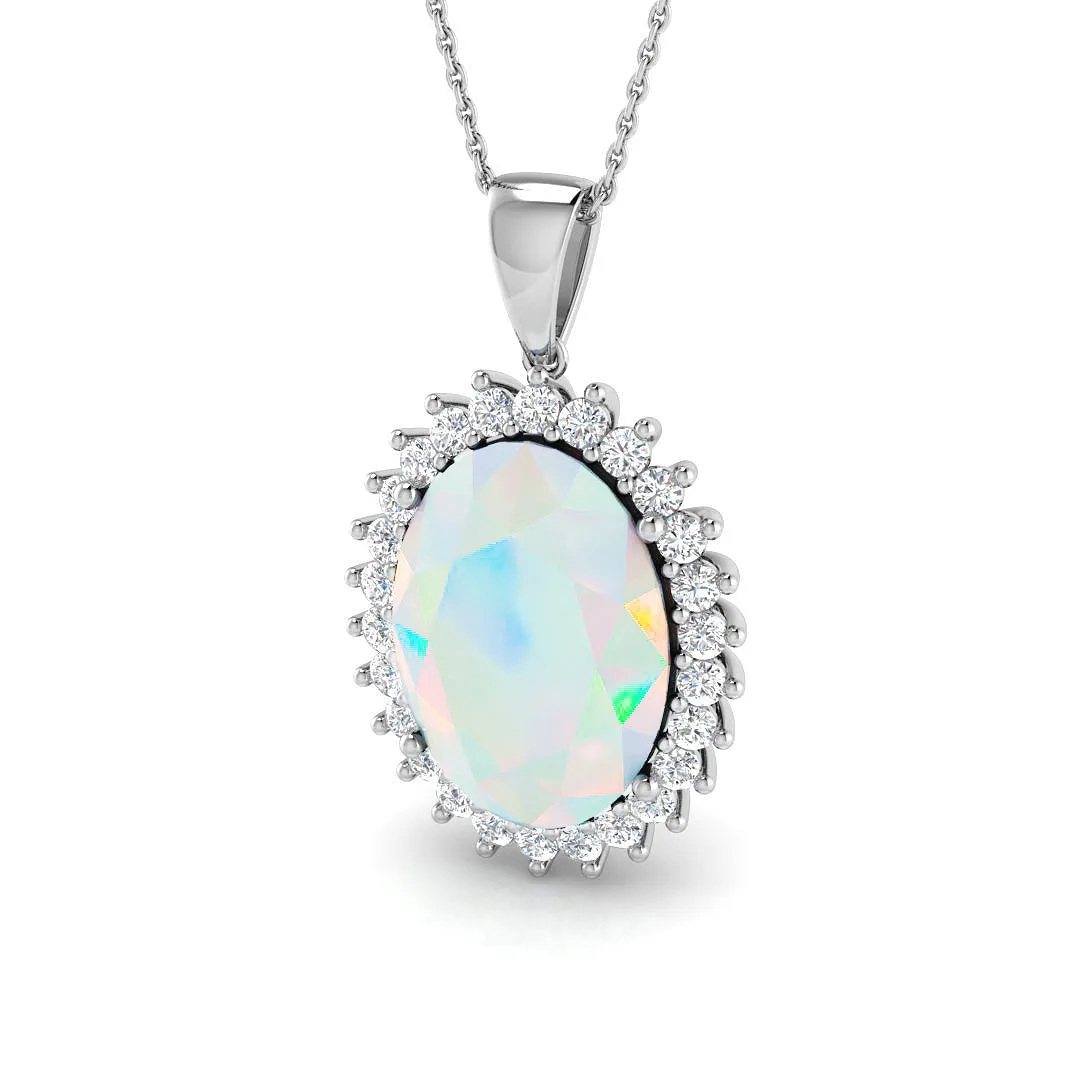 Opal Pendant with Diamond Halo | Elegant Opal Jewelry - 18k White Gold / Natural Diamond(F/SI) / 10.00 Carat: the shop's own photo
