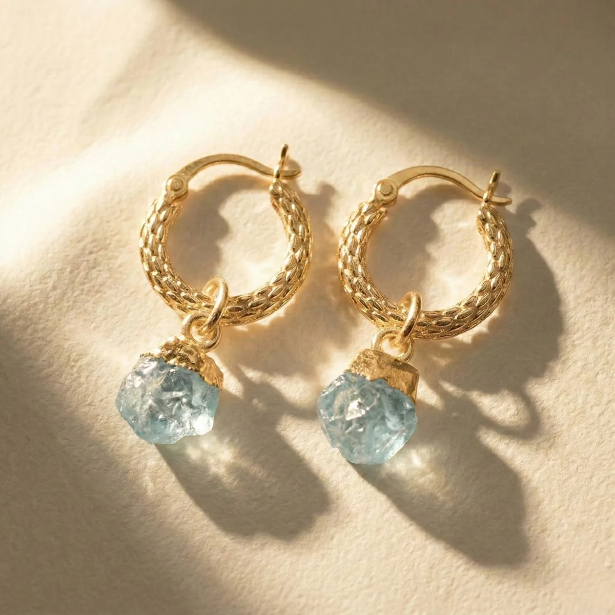 Raw Aquamarine March Birthstone Huggie Hoops Gold Plated Gemstone Earrings: the shop's own photo