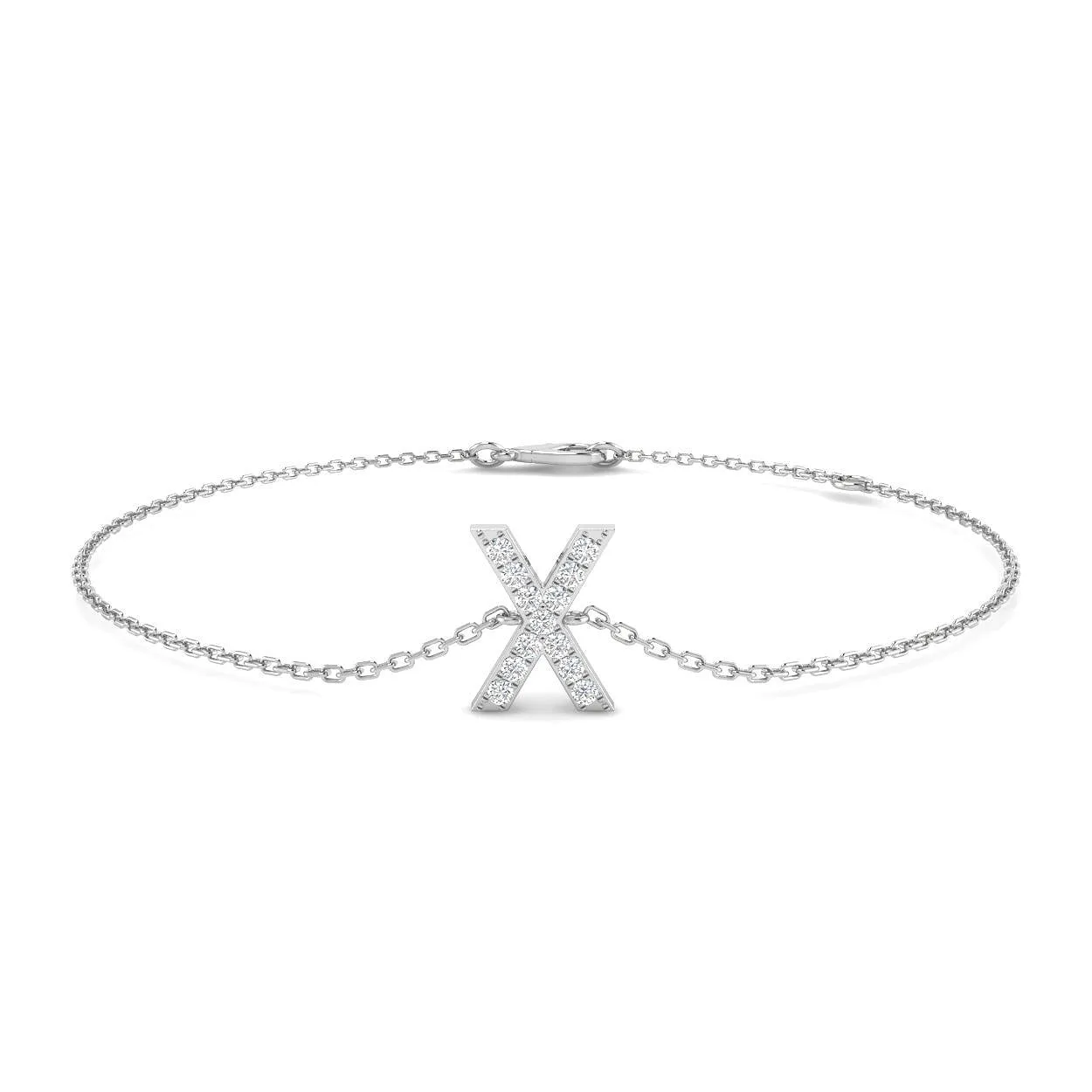 Alphabet X Letter Pave Set Lab Grown Round Diamond Bracelet with Chain in 18K Gold - 9k Yellow Gold / 0.10 Carat / Natural Diamond: the shop's own photo