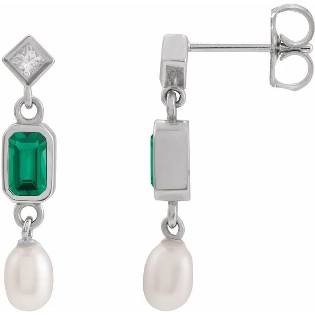 Pearl & Diamond Emerald Stud Earrings | 1.30ct | 9K White Gold - 9k White Gold / 1.30 Carat / Lab-Grown-AAA: the shop's own photo