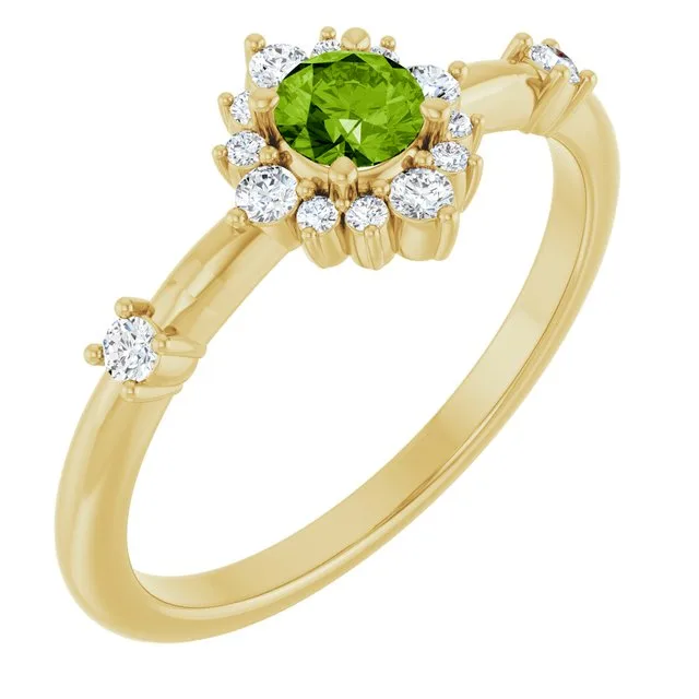 Round Peridot Halo Ring with Diamond Accents in Yellow Gold - 18k White Gold / 1.70 Carat / Lab-Grown-AAA: the shop's own photo