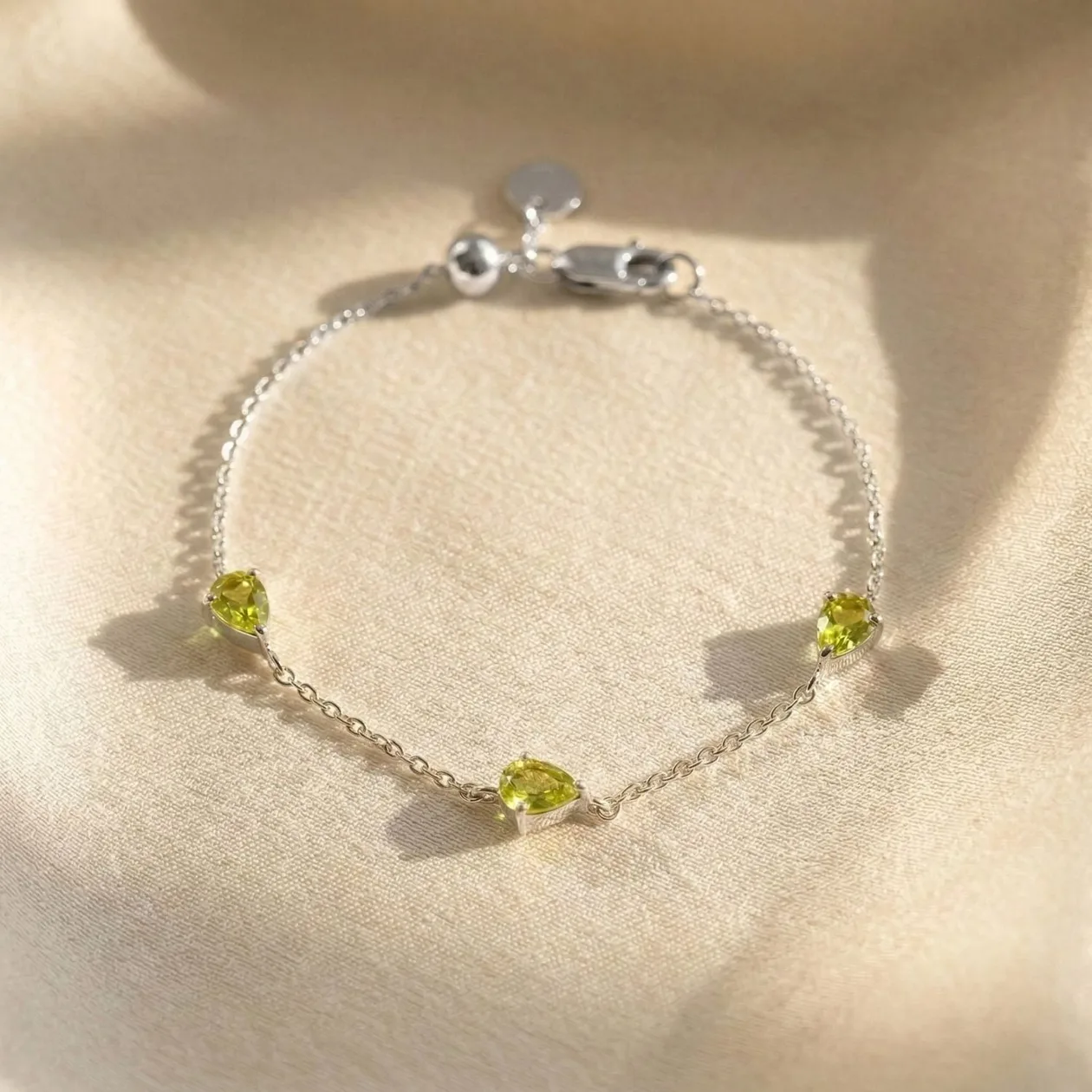 Peridot August Birthstone Minimalist Sterling Silver Bracelet: the shop's own photo