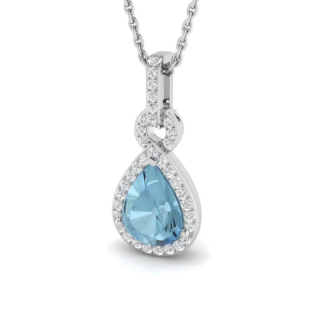 Pear Cut Aquamarine Diamond Halo Drop Pendant Necklace – Without Chain - 9k Yellow Gold / 0.75 Carat / Natural Diamond(F/SI): the shop's own photo