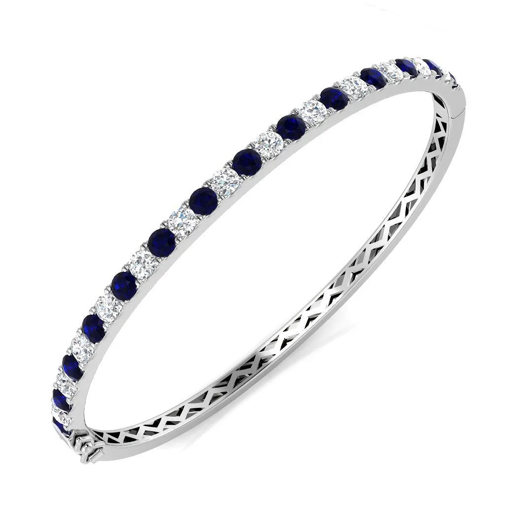 18K White Gold Natural Round Cut Diamond and Blue Sapphire Gemstone Bangle - 9k Yellow Gold / 3.55 Carat / Natural Diamond: the shop's own photo
