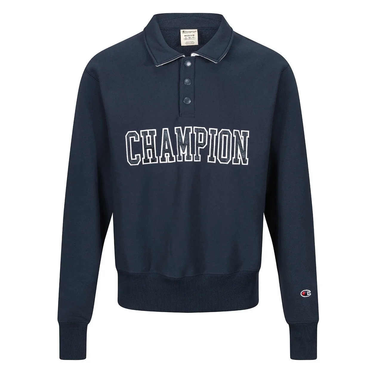 Champion Polo Neck Bookstore Spellout Logo Sweatshirt - Navy | Size: M: the shop's own photo