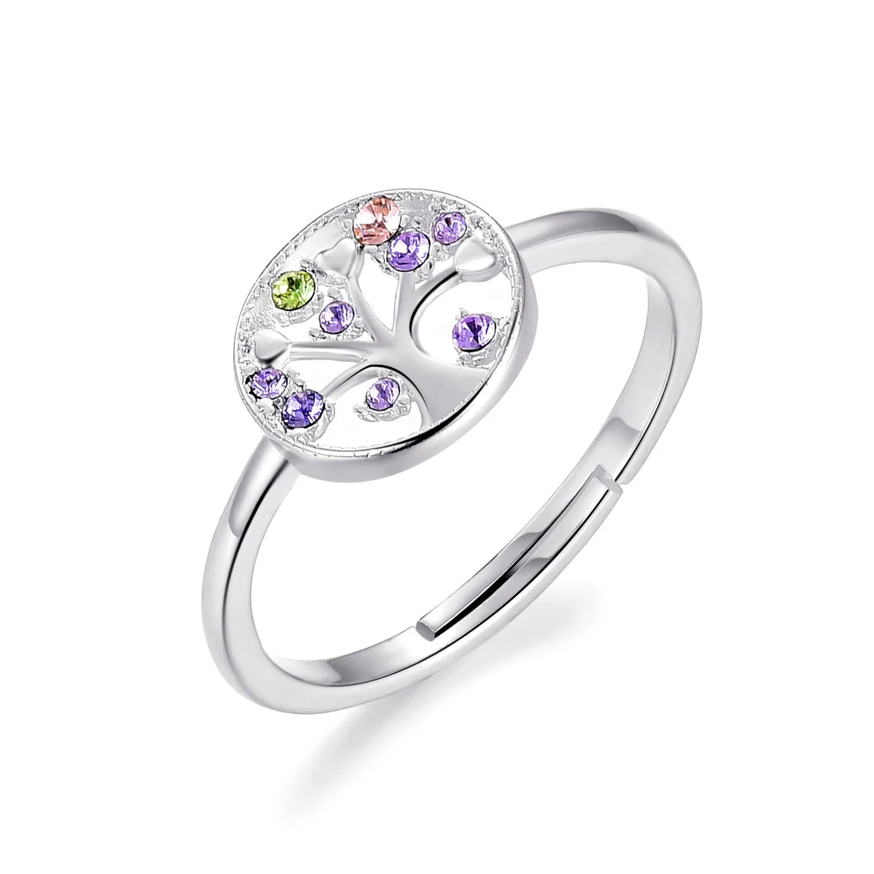Silver Plated Adjustable Chakra Tree of Life Ring Created with Zircondia® Crystals: the shop's own photo
