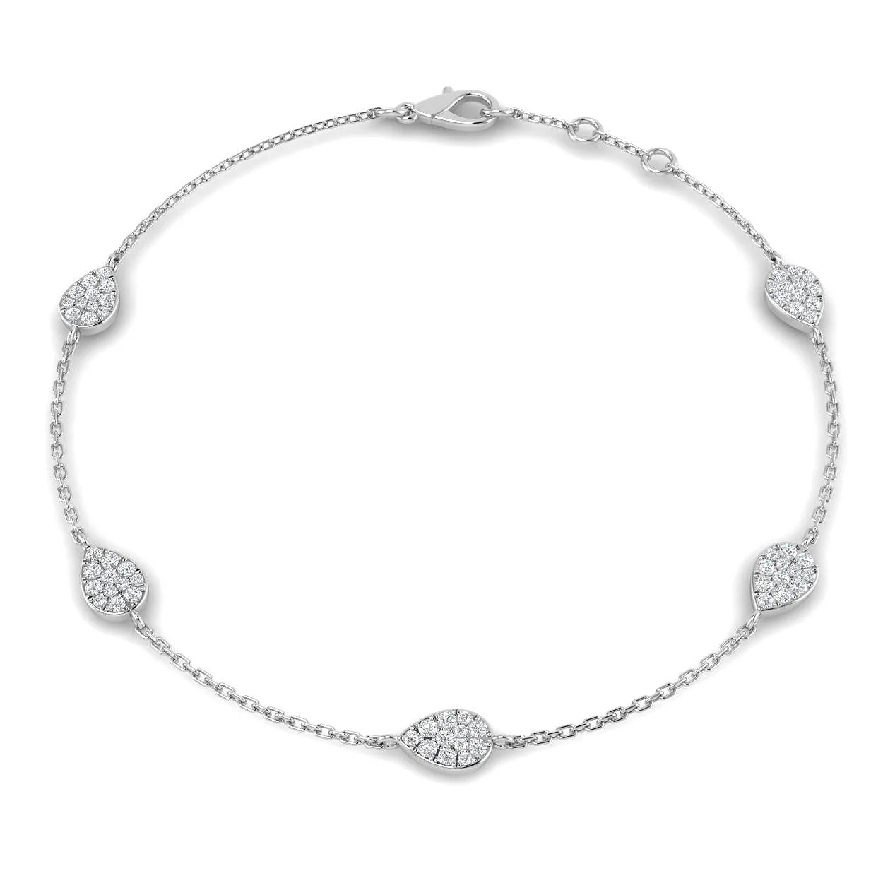 9K Yellow Gold Natural Round Pave Diamond Pear Shape Station Bracelet with Lobster Claw - 18k White Gold / 0.35 Carat / Lab Grown Diamond: the shop's own photo