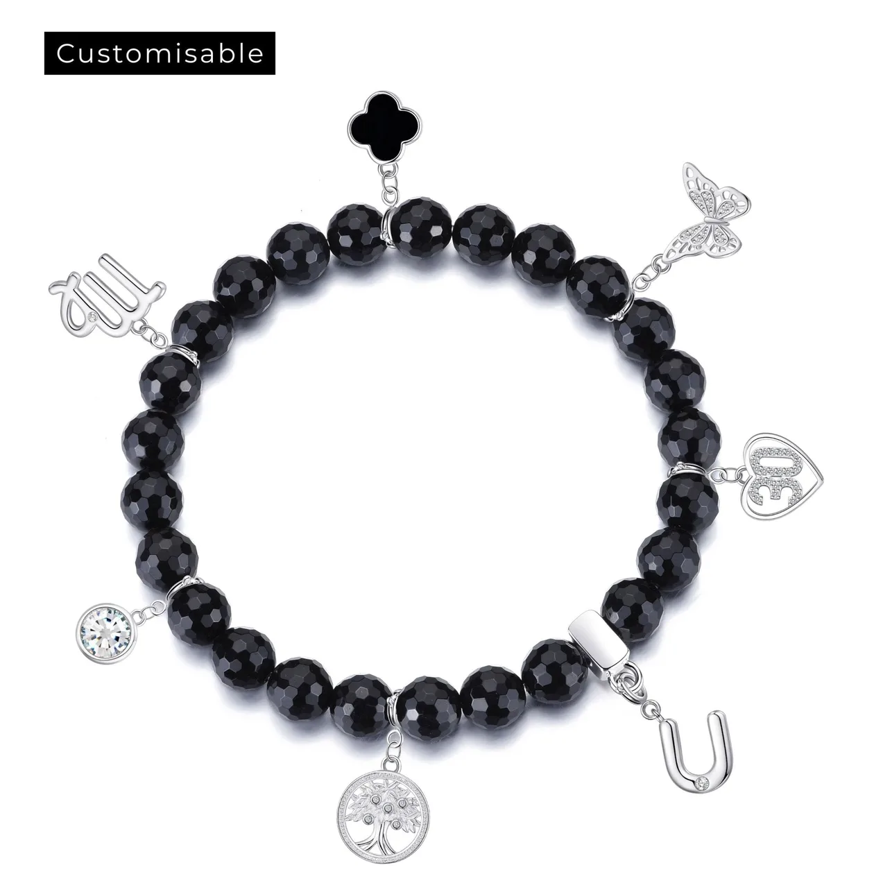 Faceted Black Onyx Gemstone Stretch Bracelet with Option of Charms: the shop's own photo