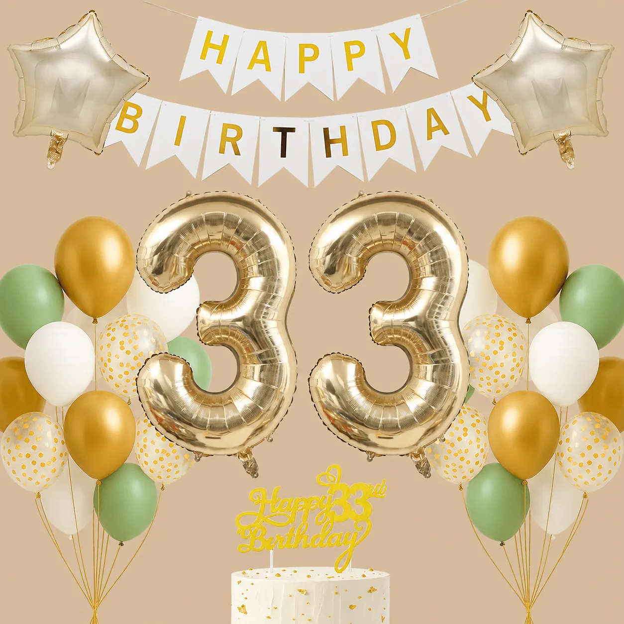 33rd Birthday Sage, White & Gold Decoration Set: the shop's own photo