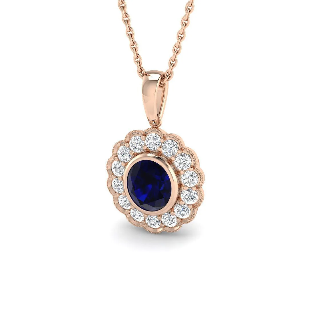 Blue Sapphire Pendant Necklace with Vintage Diamond Halo - 18k Rose Gold / 1.50 Carat / Natural Diamond(F/SI): the shop's own photo