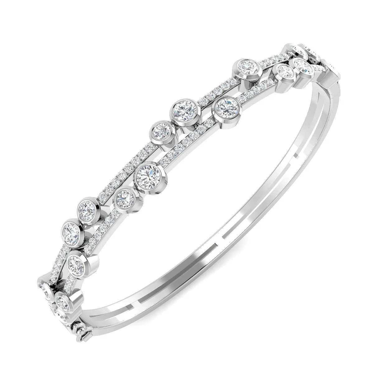 Heavy Platinum Natural Round Cut Diamond Bezel and Pave Double Row Hinged Bangle with Box Clasp - 18k Yellow Gold / 3.60 Carat / Lab Grown Diamond: the shop's own photo