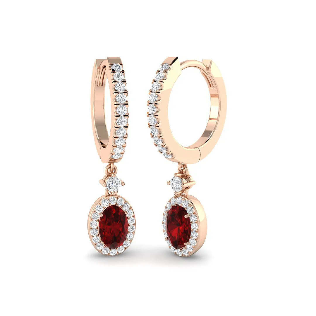 Oval Cut Ruby Diamond Drop Earrings with Pavé Diamonds | UK Hallmarked | 9K White, Yellow & Rose - 9k Rose Gold / 1.75 Carat / Natural Diamond(F-VS): the shop's own photo
