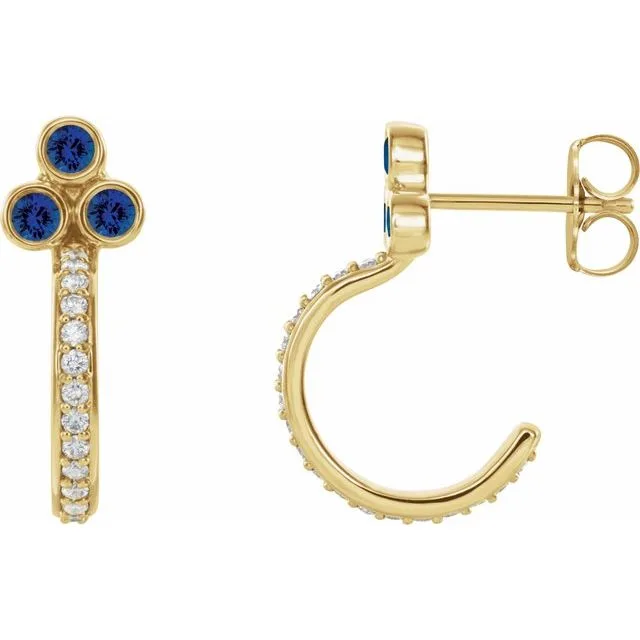 Blue Sapphire & Diamond Round Bezel-Set J-Hoop Earrings | 9K Yellow Gold - 9k Yellow Gold / 1.40 Carat / Lab-Grown-AAA: the shop's own photo