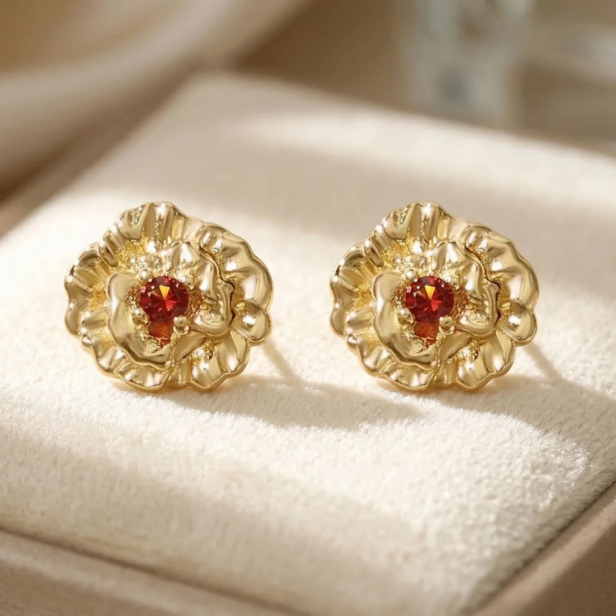 Garnet January Birthstone Carnation Birthflower Gold Plated Stud Earrings: the shop's own photo
