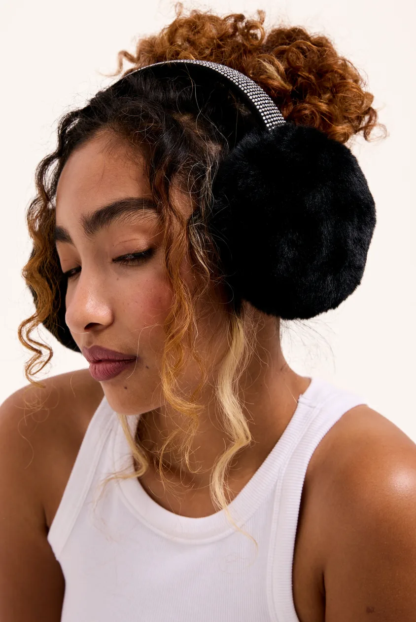 BLACK DIAMANTÉ FAUX FUR EAR MUFFS - ONE / Black: the shop's own photo