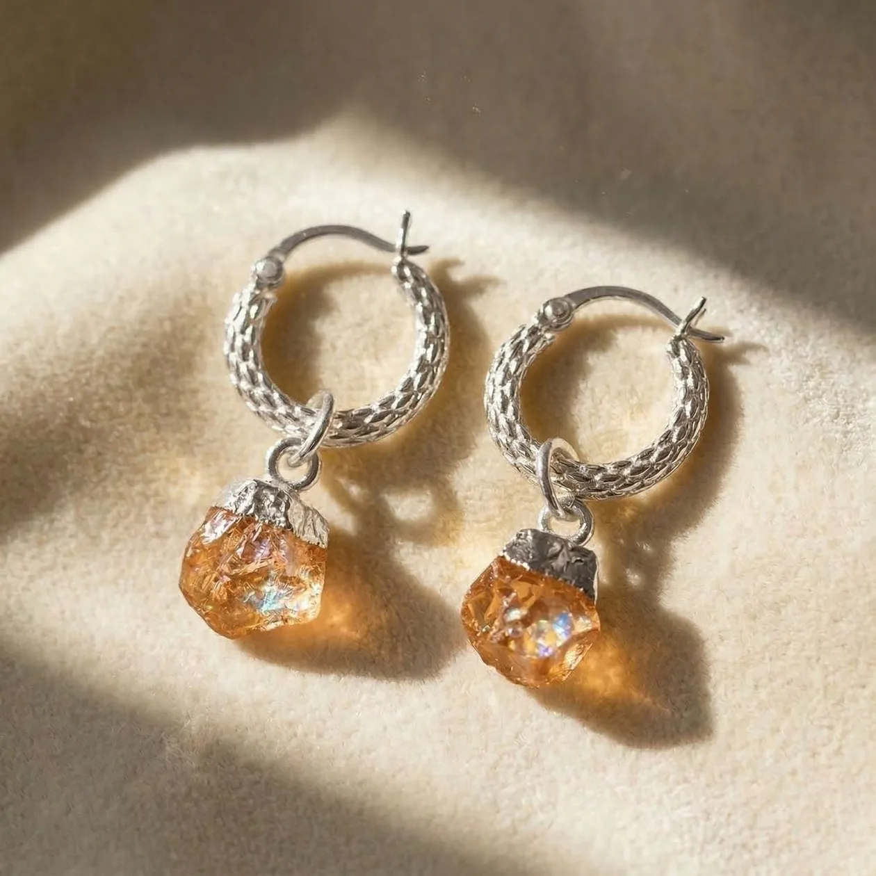 Raw Citrine November Birthstone Huggie Hoops Sterling Silver Gemstone Earrings: the shop's own photo